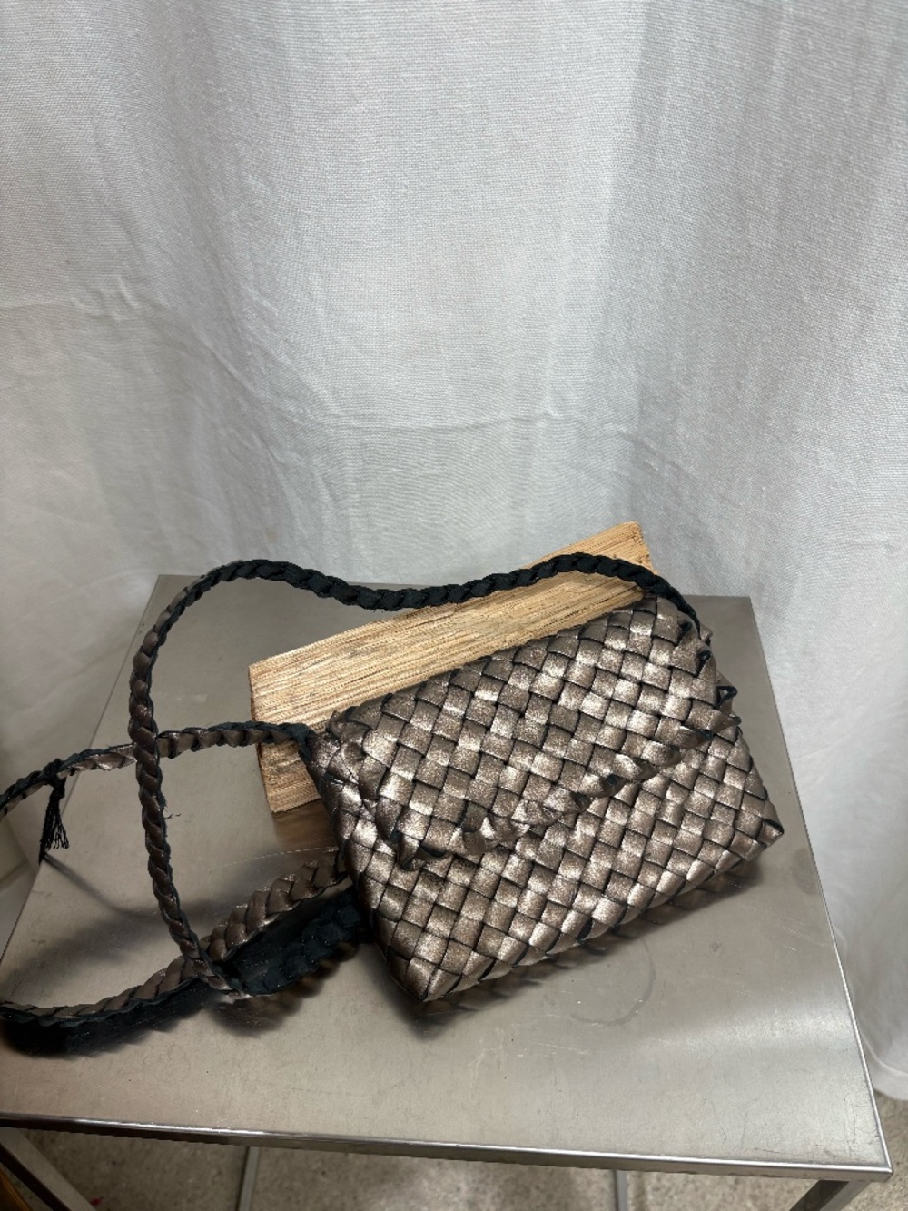 Veev Woven Leather Crossbody Bag in Pewter
